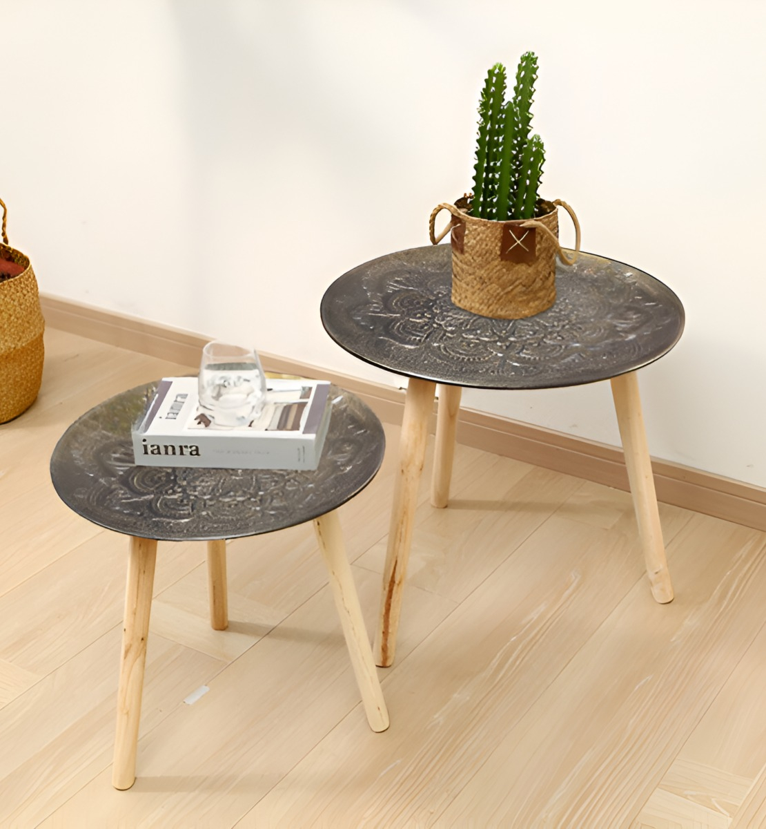 SET 3 MESAS DECORATIVAS DISEÑO VINTAGE DORADO ENVEJECIDO JHN - 5