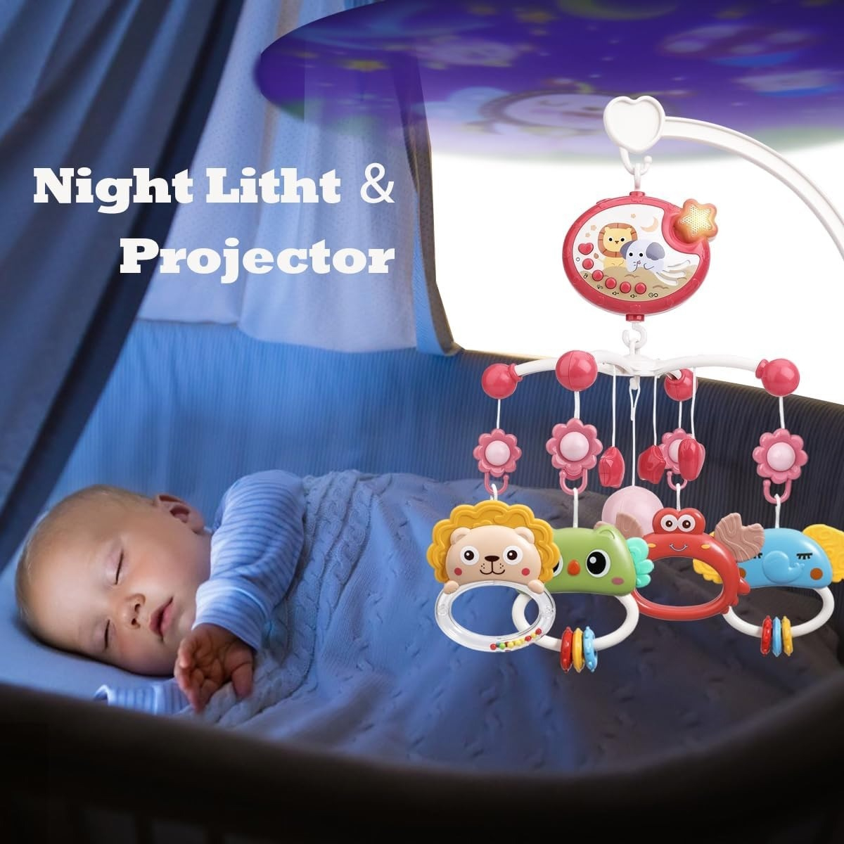 MÓVIL BEBÉ CUNA MÚSICA LUCES CARRUSEL PORTÁTIL COLGANTE JHN - 6