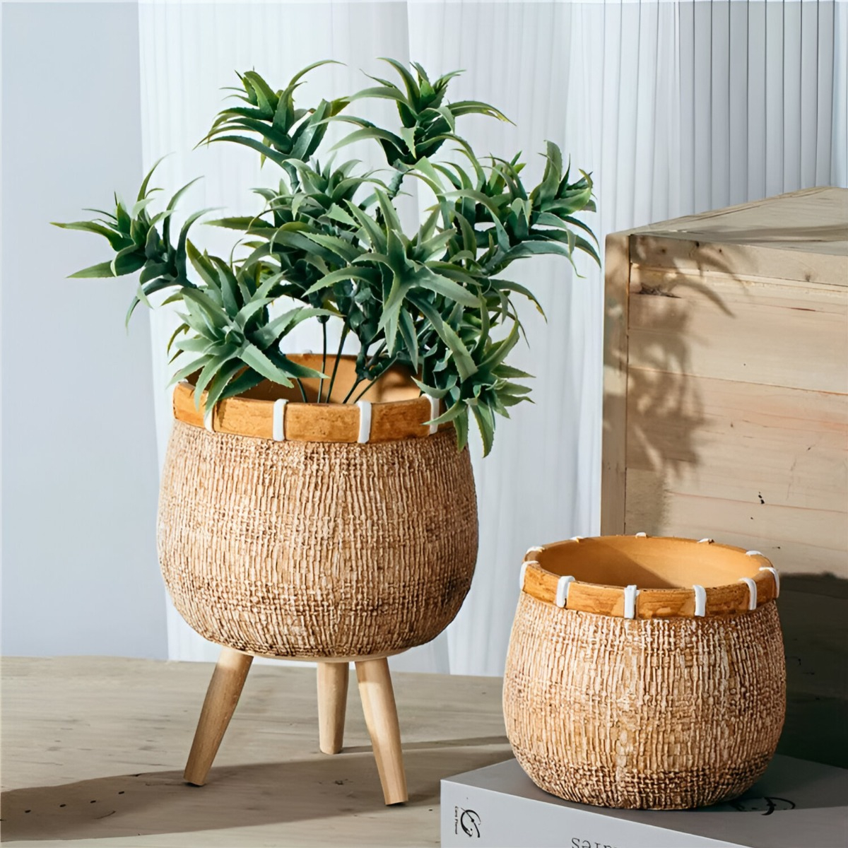 MACETA PLANTAS ARCILLA IMITACIÓN DE RATÁN DECORACIÓN JHN - 7