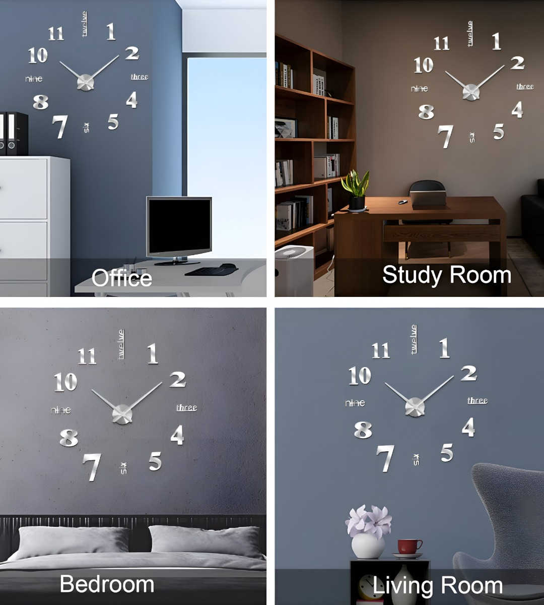 RELOJ PARED 3D GRANDE SIN MARCO DECORACIÓN PLATEADO JHN - 5