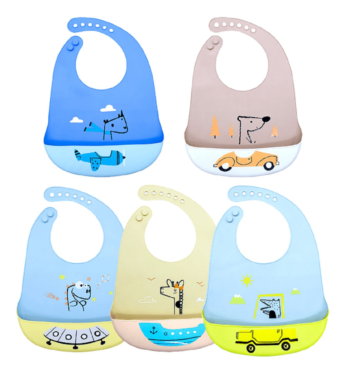 SET 3 BABEROS SILICONA COLORES RECOLECTOR RESIDUOS BEBES LAU - 1