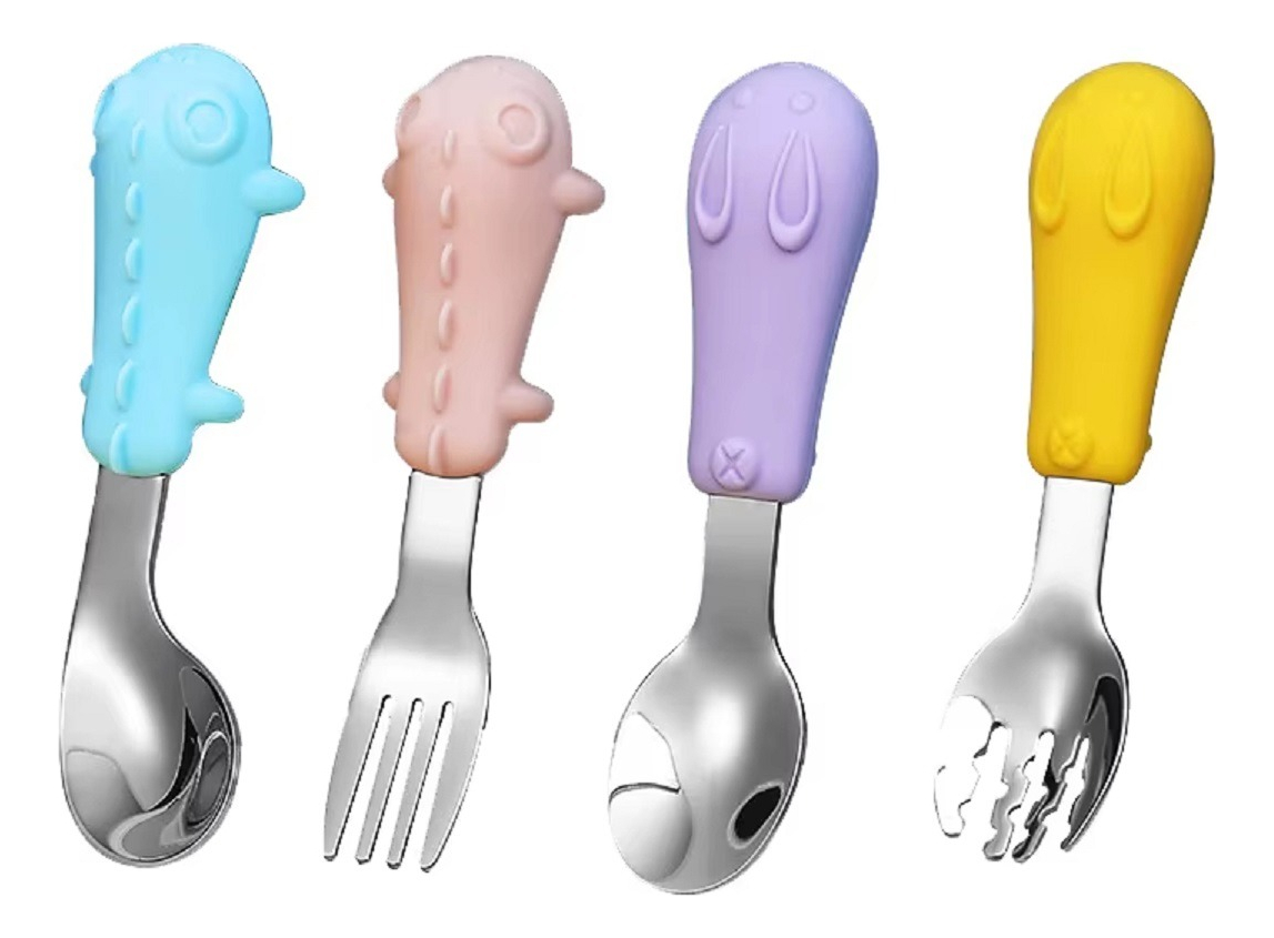 SET 3 CUBIERTO+CUCHARA ACERO INOXIDABLE SILICONA BEBE LAU - 1