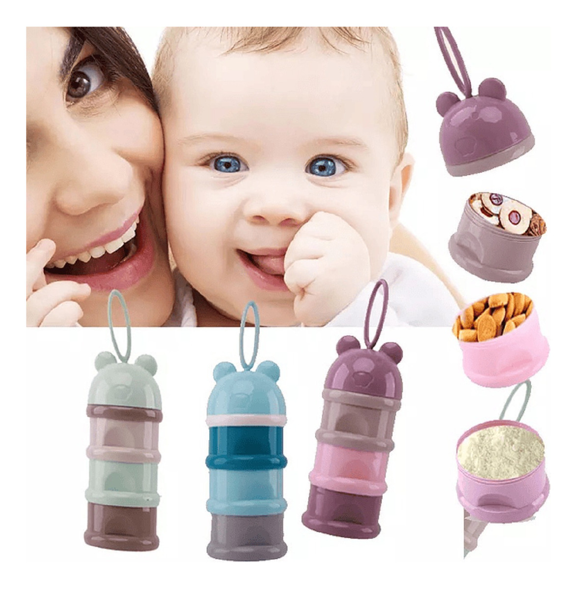 SET 5 DISPENSADOR LECHE POLVO DISEÑO OSO PORTATIL BEBE LAU - 3