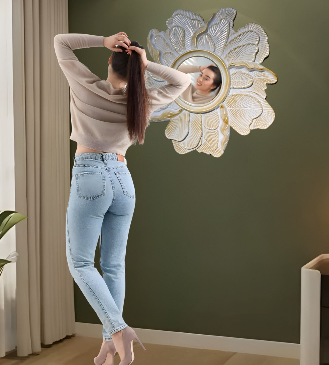 ESPEJO DECORATIVO PARED RESINA PÉTALOS ROSA JHN - 6