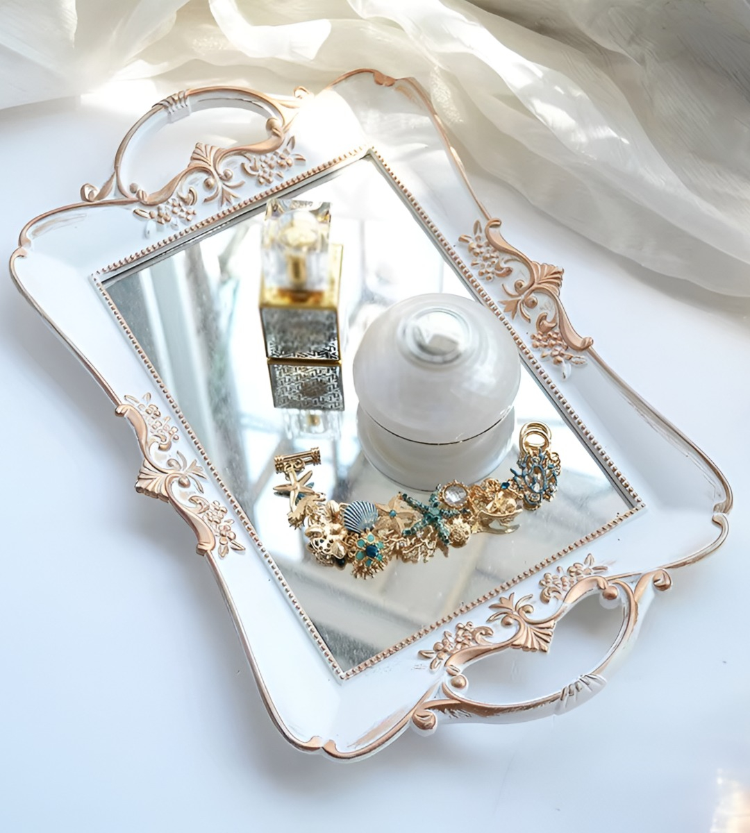 BANDEJA ESPEJO ORGANIZADOR ADORNO DECORATIVO BLANCA JHN - 3