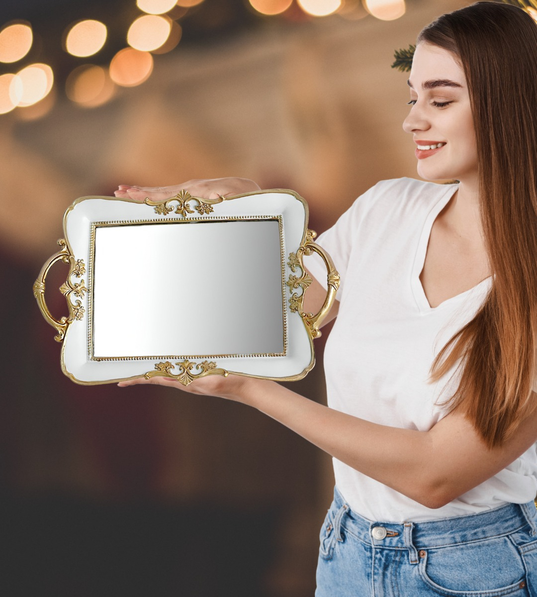 BANDEJA ESPEJO ORGANIZADOR ADORNO DECORATIVO BLANCA JHN - 4