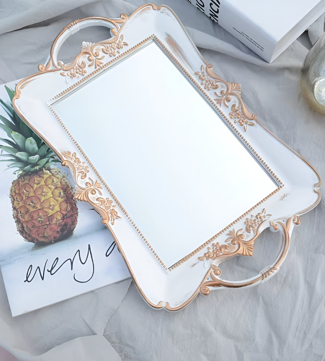 BANDEJA ESPEJO ORGANIZADOR ADORNO DECORATIVO BLANCA JHN - 5