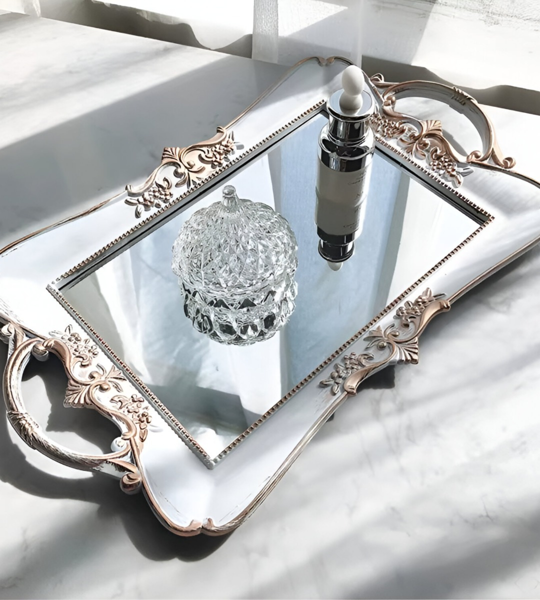 BANDEJA ESPEJO ORGANIZADOR ADORNO DECORATIVO BLANCA JHN - 7