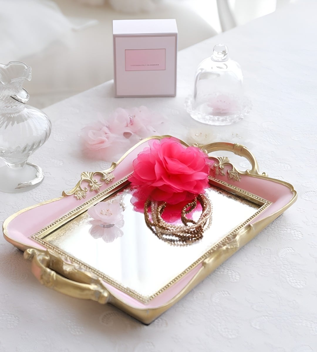BANDEJA ESPEJO ROSA ORGANIZADOR ADORNO DECORATIVO JHN - 3