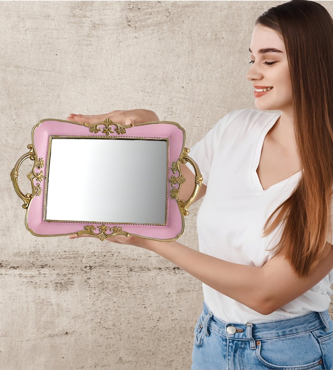 BANDEJA ESPEJO ROSA ORGANIZADOR ADORNO DECORATIVO JHN - 4