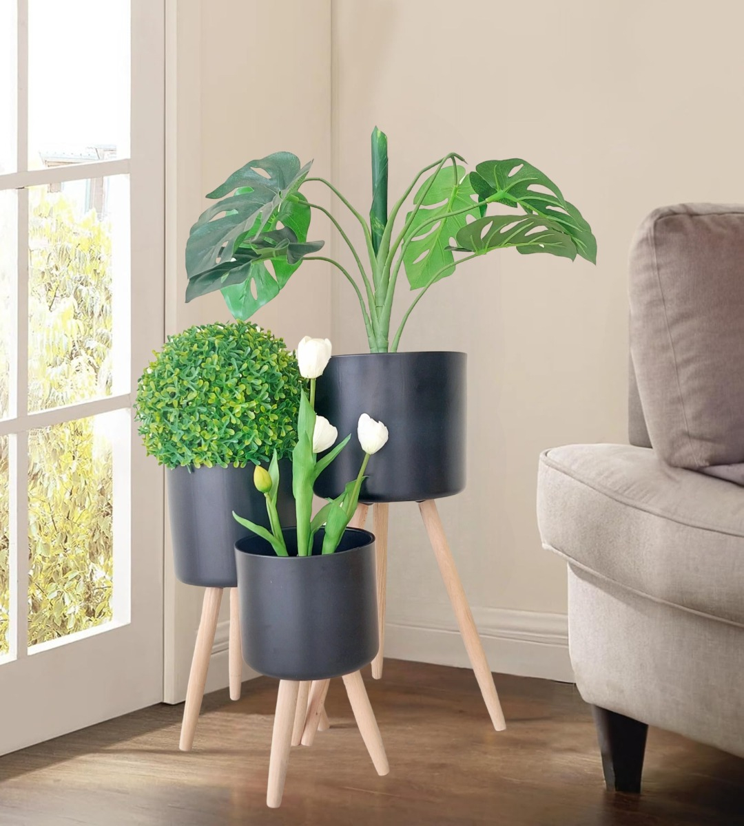 SET MACETAS PLANTA FLORES INTERIOR EXTERIOR PATAS NEGRA JHN - 5