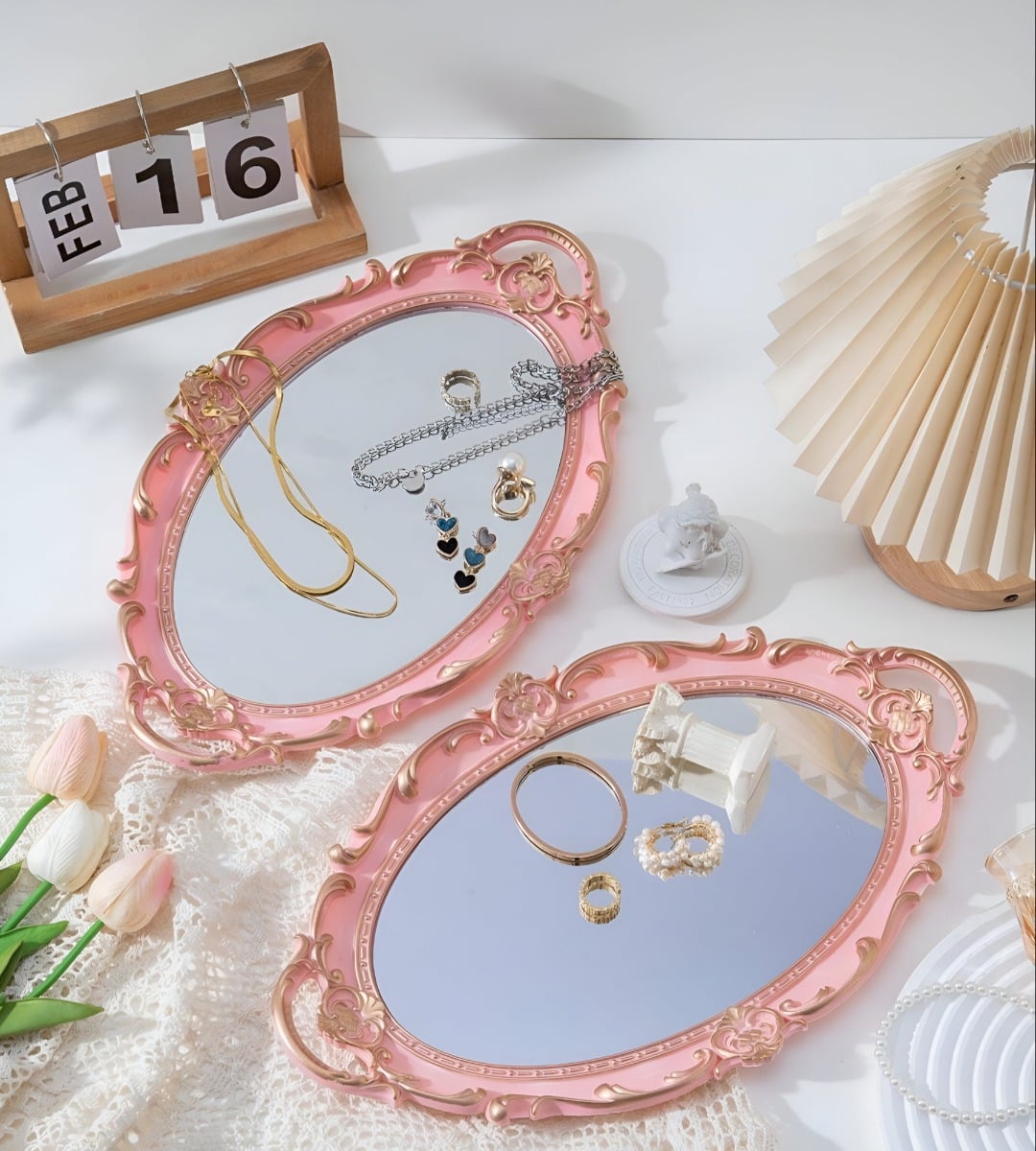 SET 2 BANDEJA ESPEJO DECORATIVA ROSADA ORGANIZADOR JHN - 9