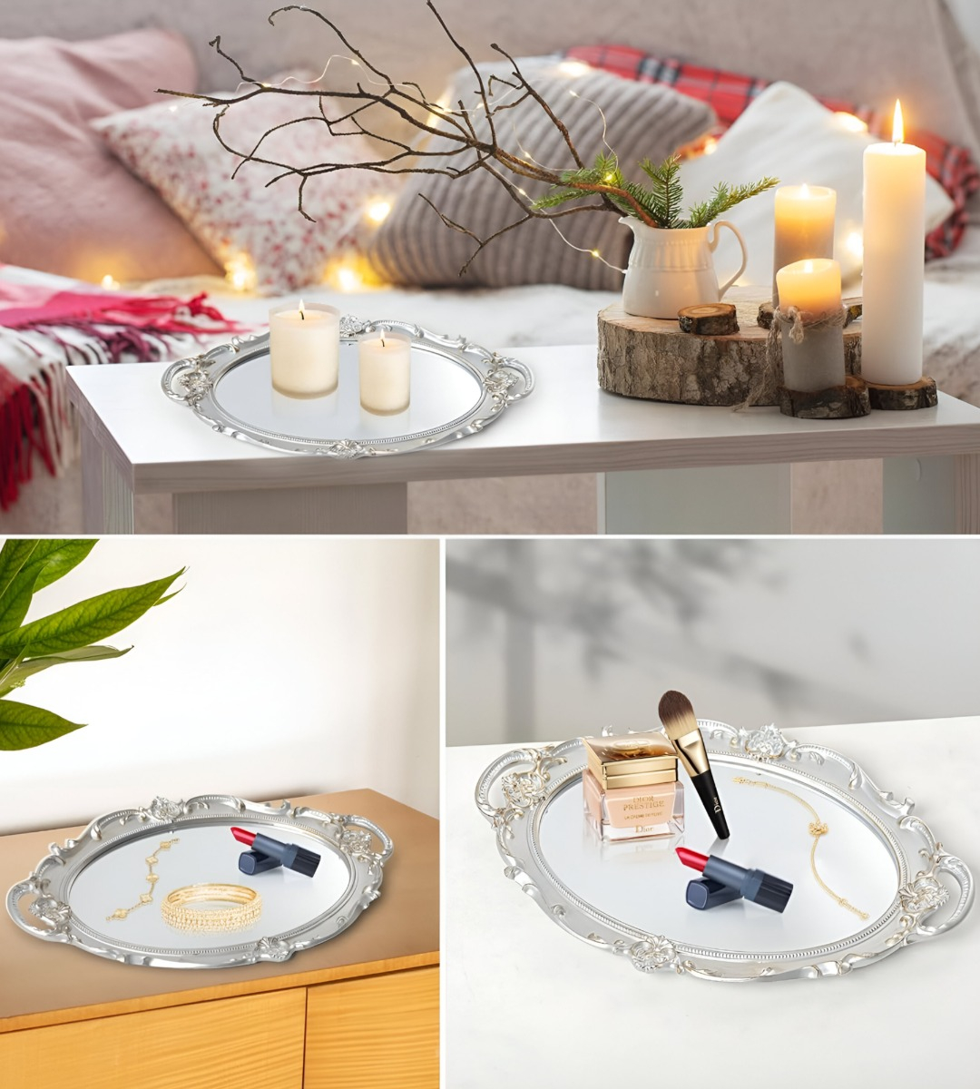 SET 2 BANDEJA ESPEJO PLATEADA DECORATIVA ORGANIZADOR JHN - 2