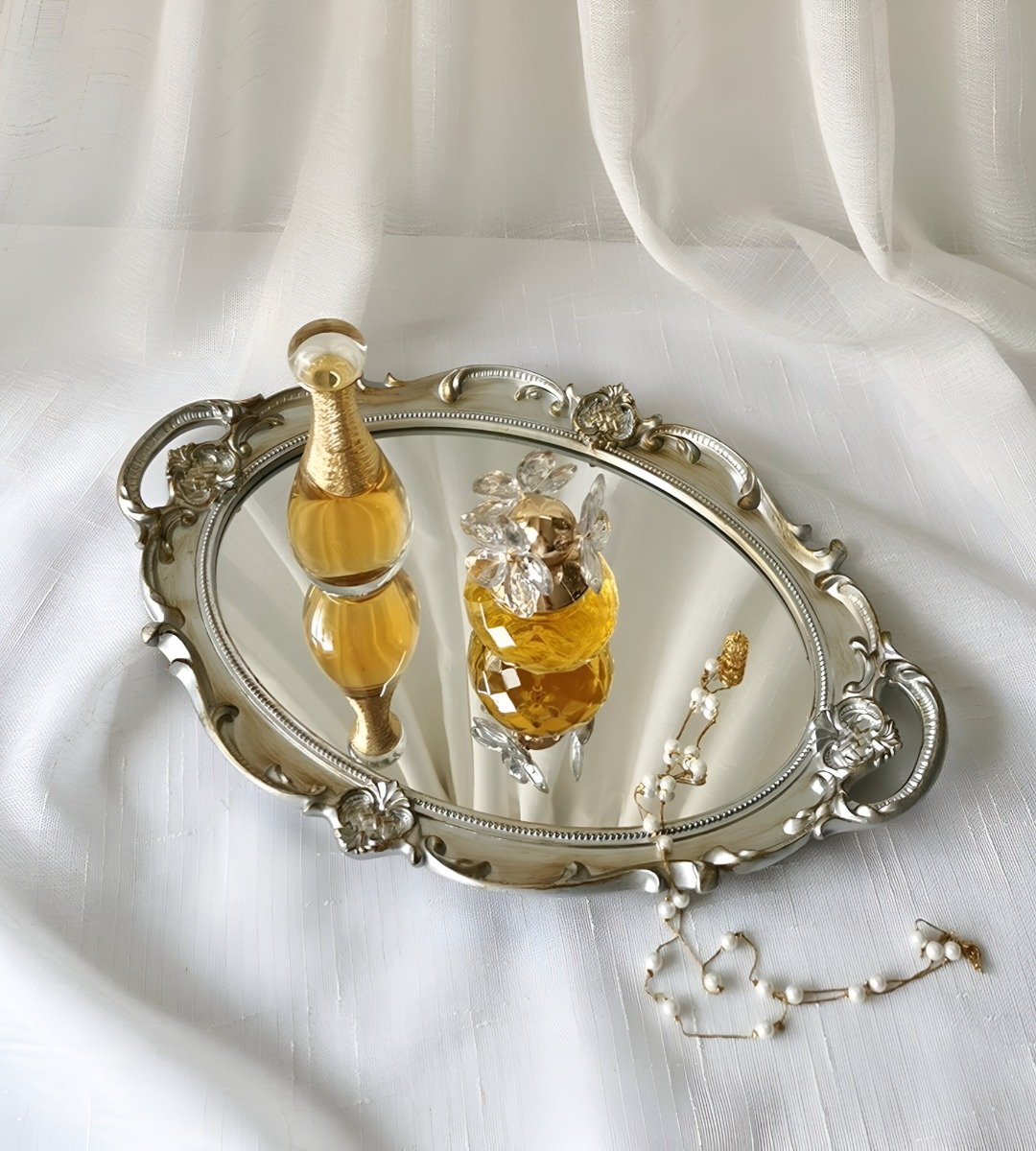 SET 2 BANDEJA ESPEJO PLATEADA DECORATIVA ORGANIZADOR JHN - 6