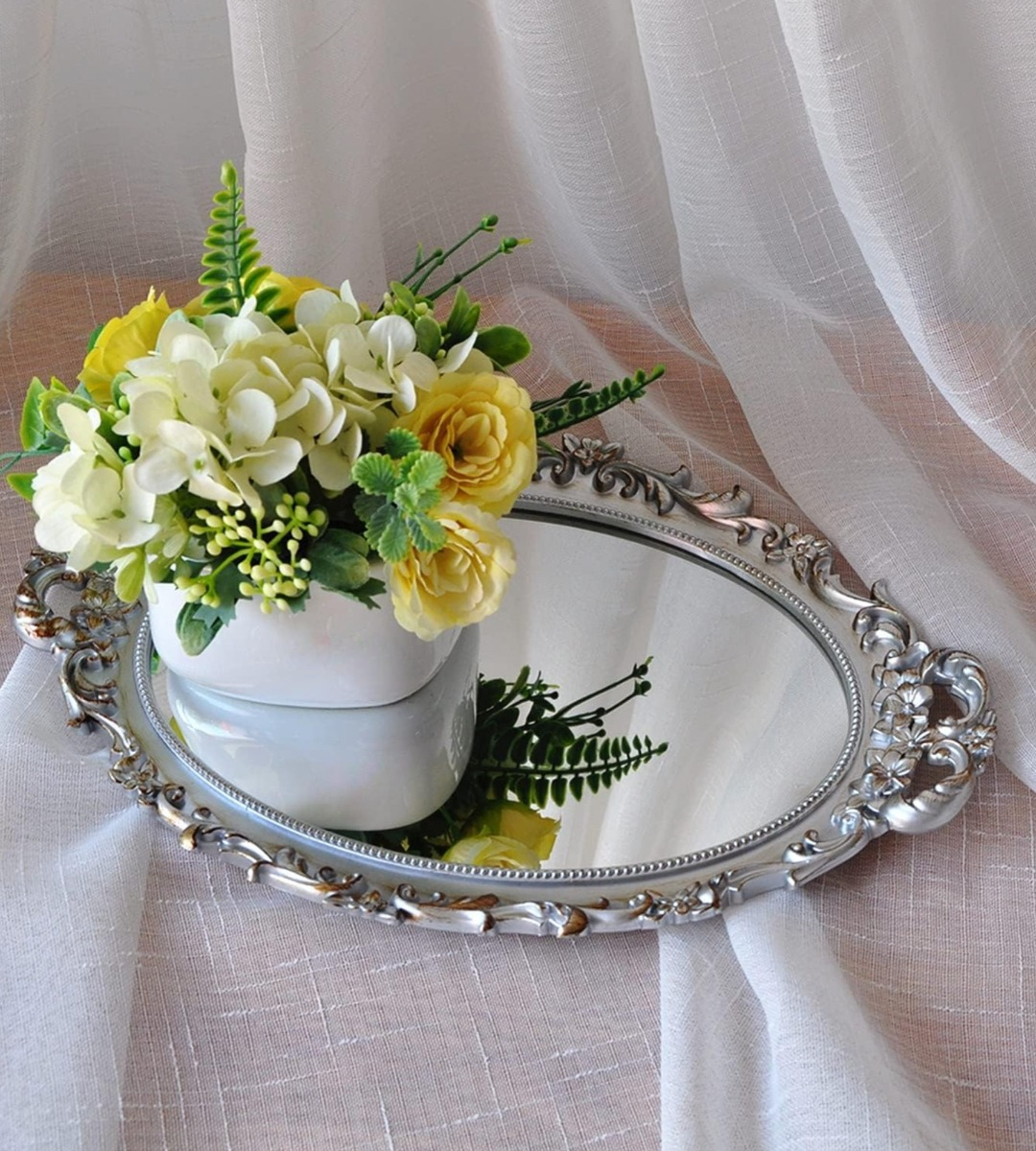 SET 2 BANDEJA ESPEJO PLATEADA DECORATIVA ORGANIZADOR JHN - 9