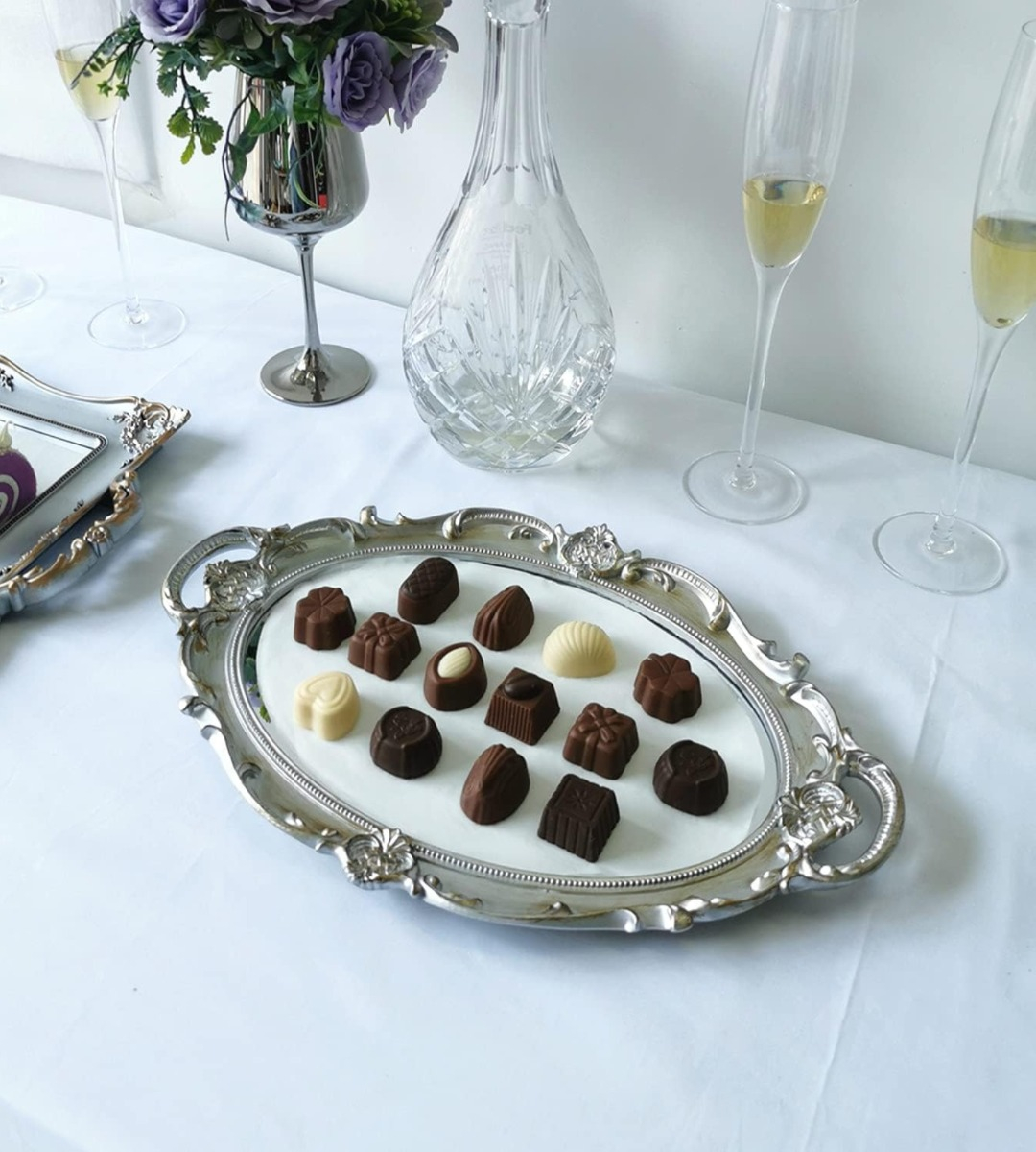 SET 2 BANDEJA ESPEJO PLATEADA DECORATIVA ORGANIZADOR JHN - 10