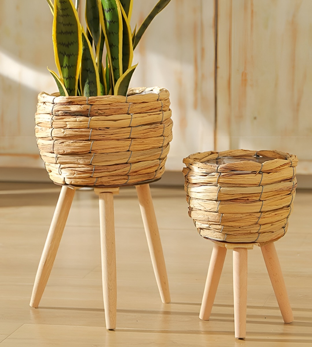 SET MACETAS DECORATIVAS TEJIDO PAJA PLANTAS FLORES JHN - 3