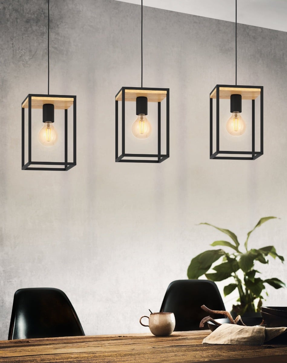 LAMPARA COLGANTE INDUSTRIAL 3 LUCES MARCO METAL MADERA LAU - 3
