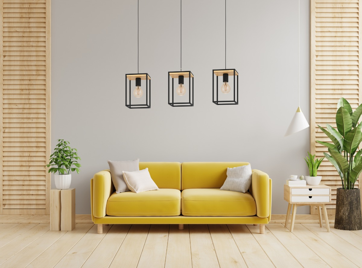 LAMPARA COLGANTE INDUSTRIAL 3 LUCES MARCO METAL MADERA LAU - 10