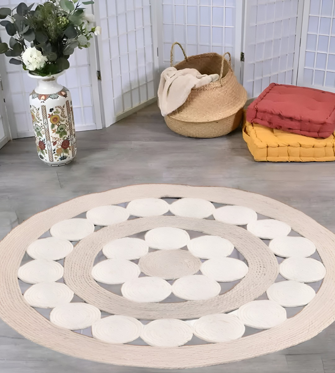ALFOMBRA YUTE BICOLOR CÍRCULOS CALADA DECORATIVA JHN - 2