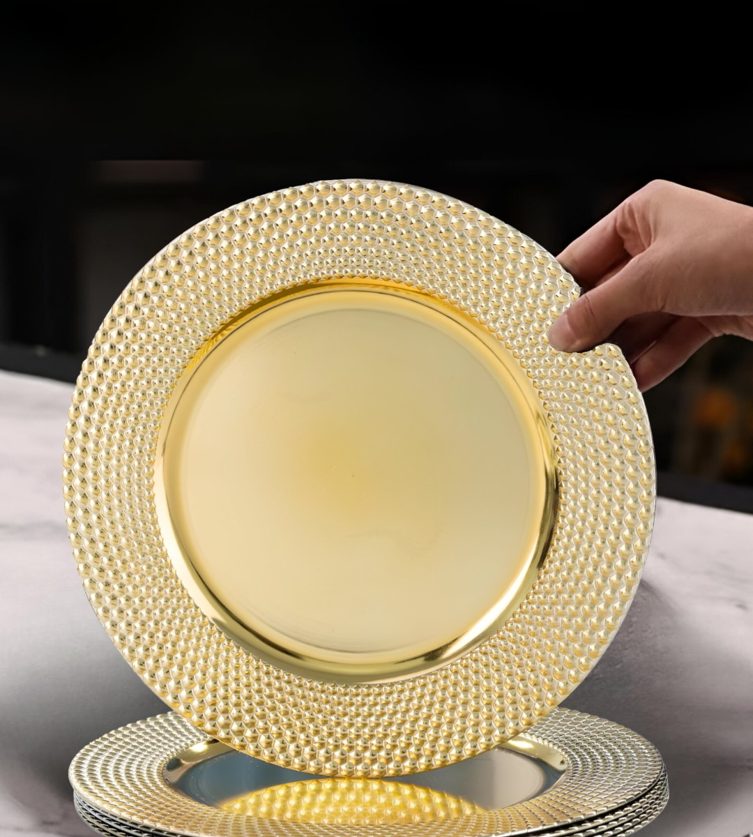 SET 3 PLATO DORADO DECORATIVO VAJILLA 33 CM REDONDO JHN - 5