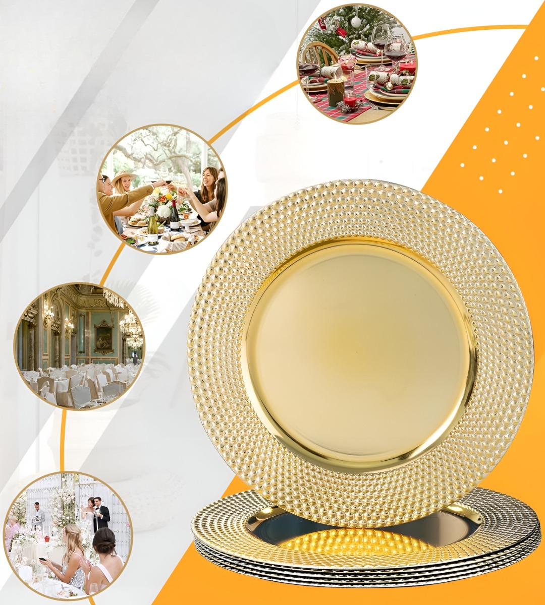 SET 3 PLATO DORADO DECORATIVO VAJILLA 33 CM REDONDO JHN - 7