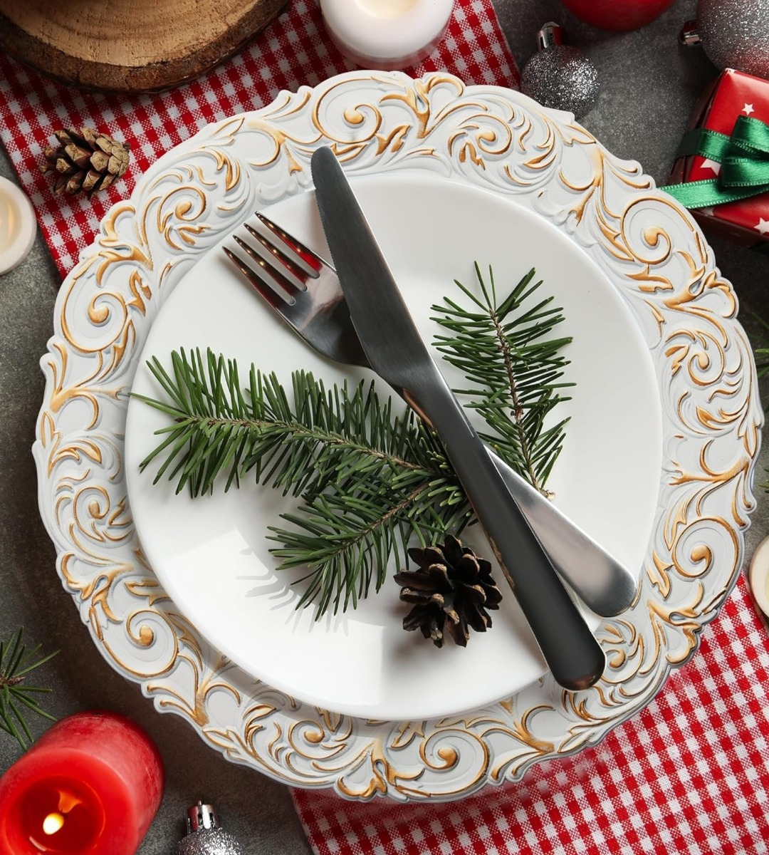 SET 3 PLATO BLANCO BORDE DORADO MESA RELIEVE DECORATIVO JHN - 2