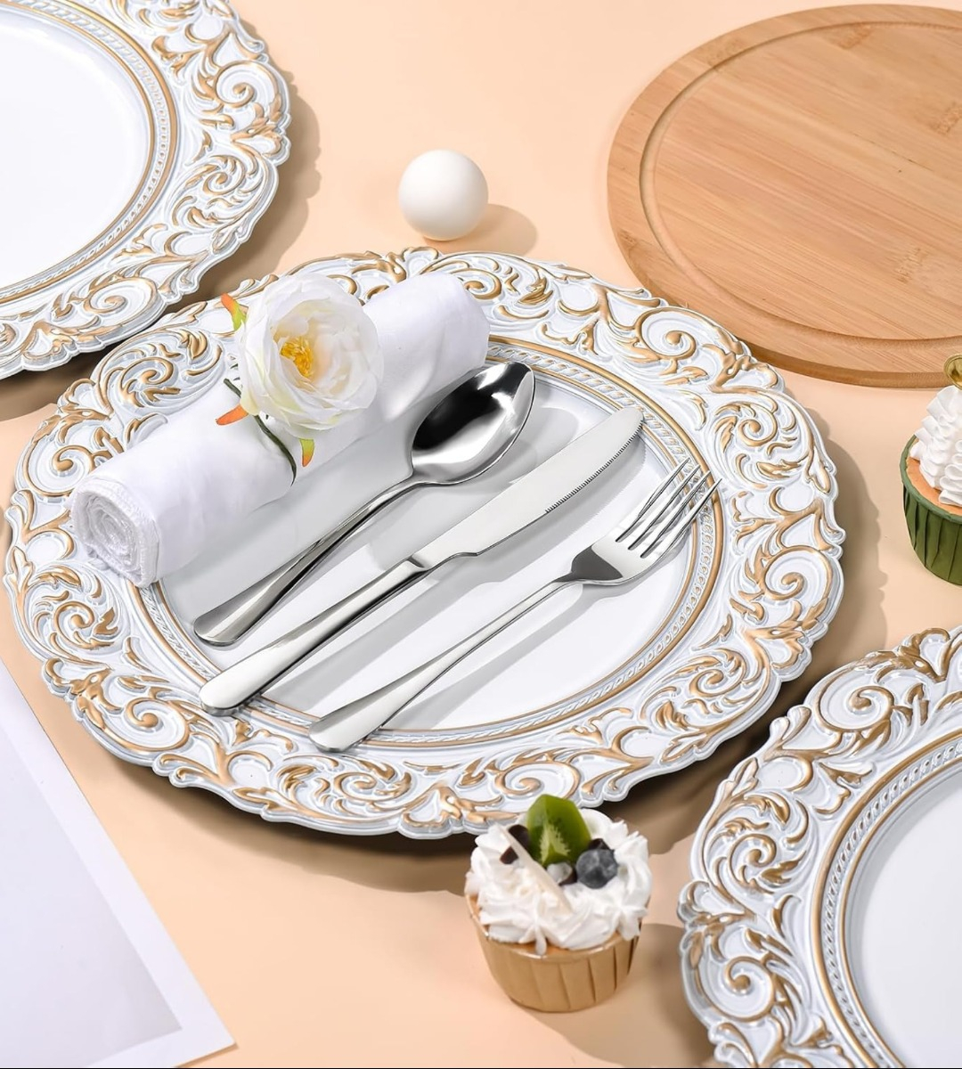 SET 3 PLATO BLANCO BORDE DORADO MESA RELIEVE DECORATIVO JHN - 8