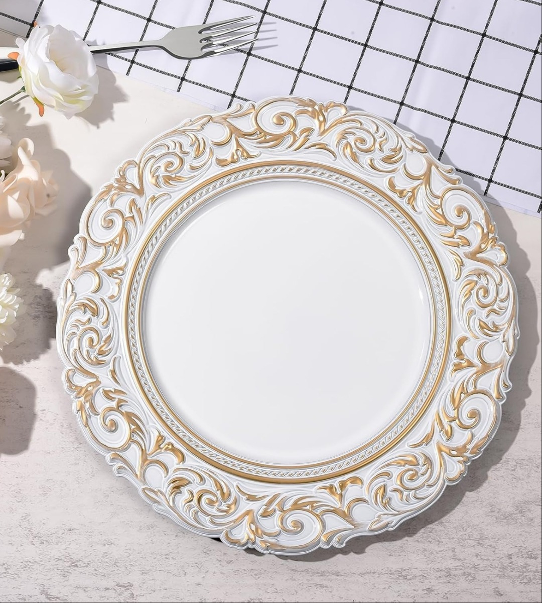 SET 3 PLATO BLANCO BORDE DORADO MESA RELIEVE DECORATIVO JHN - 9