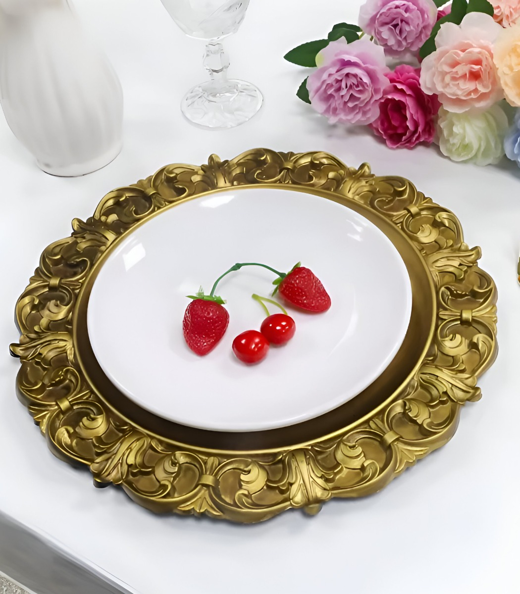 SET 2 PLATO BASE CARGA RELIEVE VINTAGE MESA DECORATIVO JHN - 9