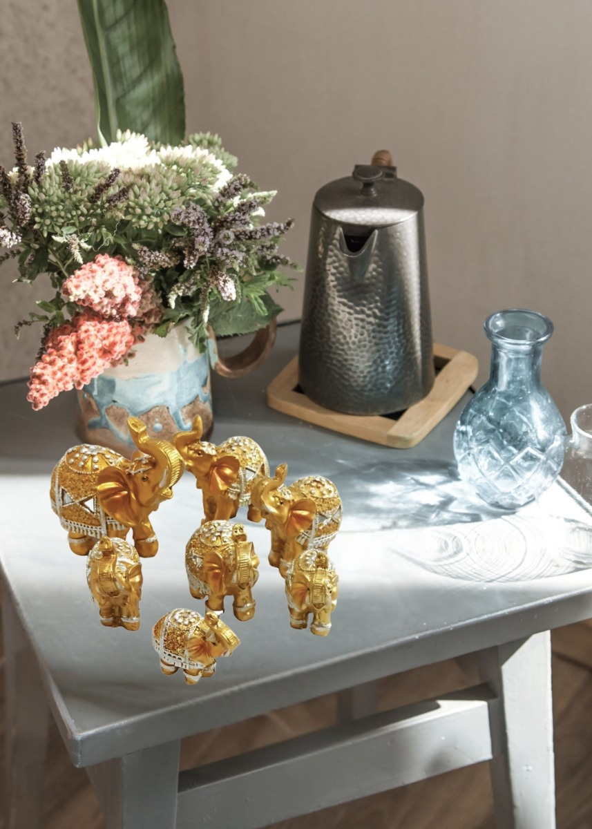 ESTATUA DECORATIVA FAMILIA ELEFANTE ANIMALES 7 PIEZAS JHN - 9