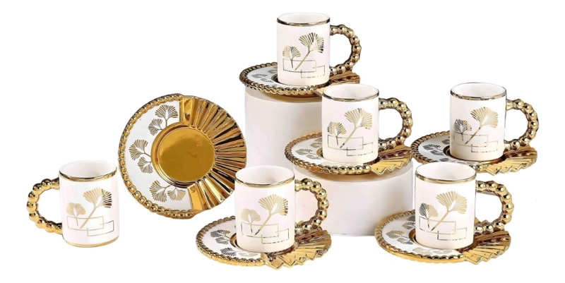 JUEGO VAJILLA SET 6 TAZAS CAFE  PLATO DECORADO ADORNO JHN - 3
