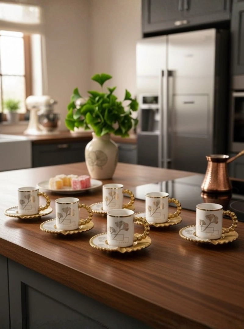 JUEGO VAJILLA SET 6 TAZAS CAFE  PLATO DECORADO ADORNO JHN - 8