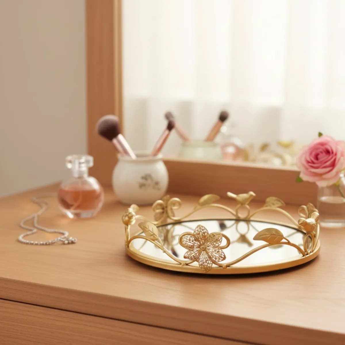 BANDEJA DECORATIVA REFLEJANTE ESPEJADA ESTILO BOTANICO JHN - 7
