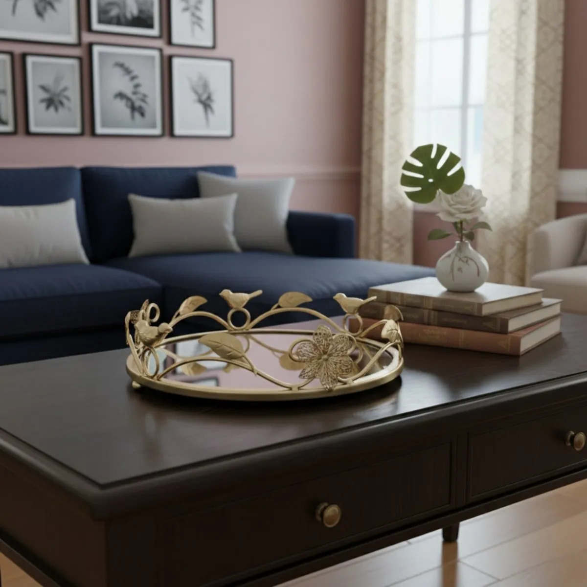 BANDEJA DECORATIVA REFLEJANTE ESPEJADA ESTILO BOTANICO JHN - 9