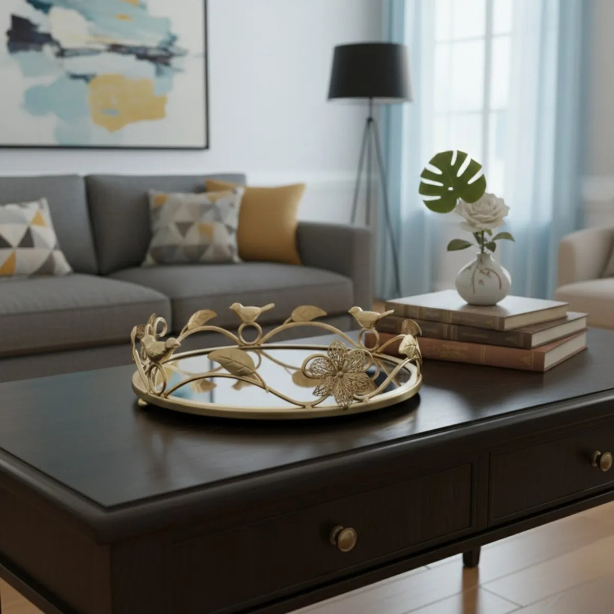 BANDEJA DECORATIVA REFLEJANTE ESPEJADA ESTILO BOTANICO JHN - 10