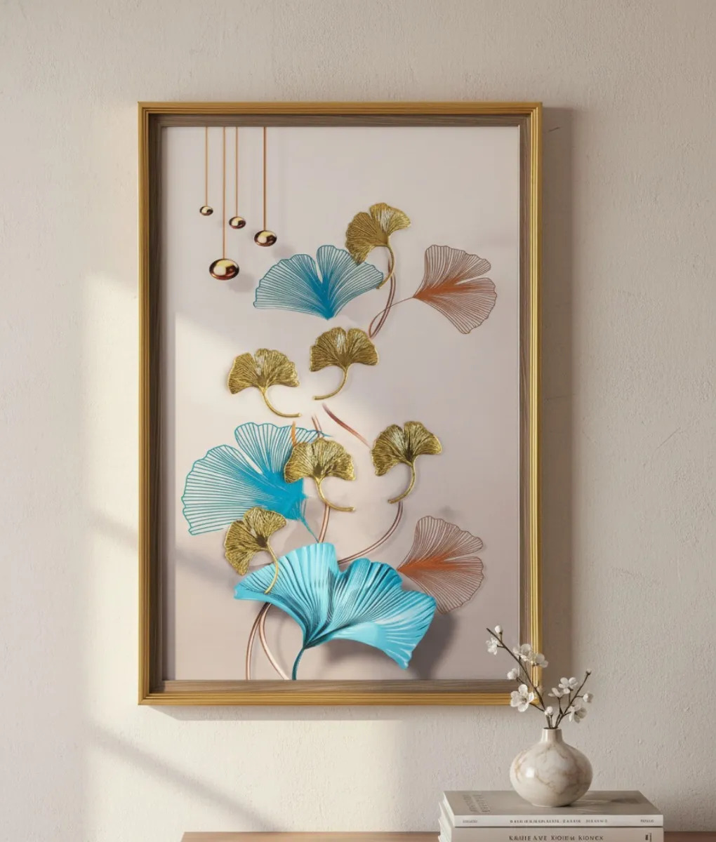 CUADRO DECORATIVO DISEÑO HOJAS GINKGO ADORNO RELIEVE JHN - 2