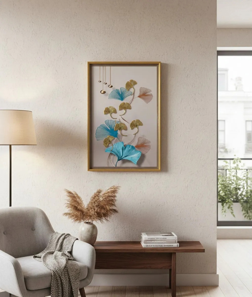 CUADRO DECORATIVO DISEÑO HOJAS GINKGO ADORNO RELIEVE JHN - 7