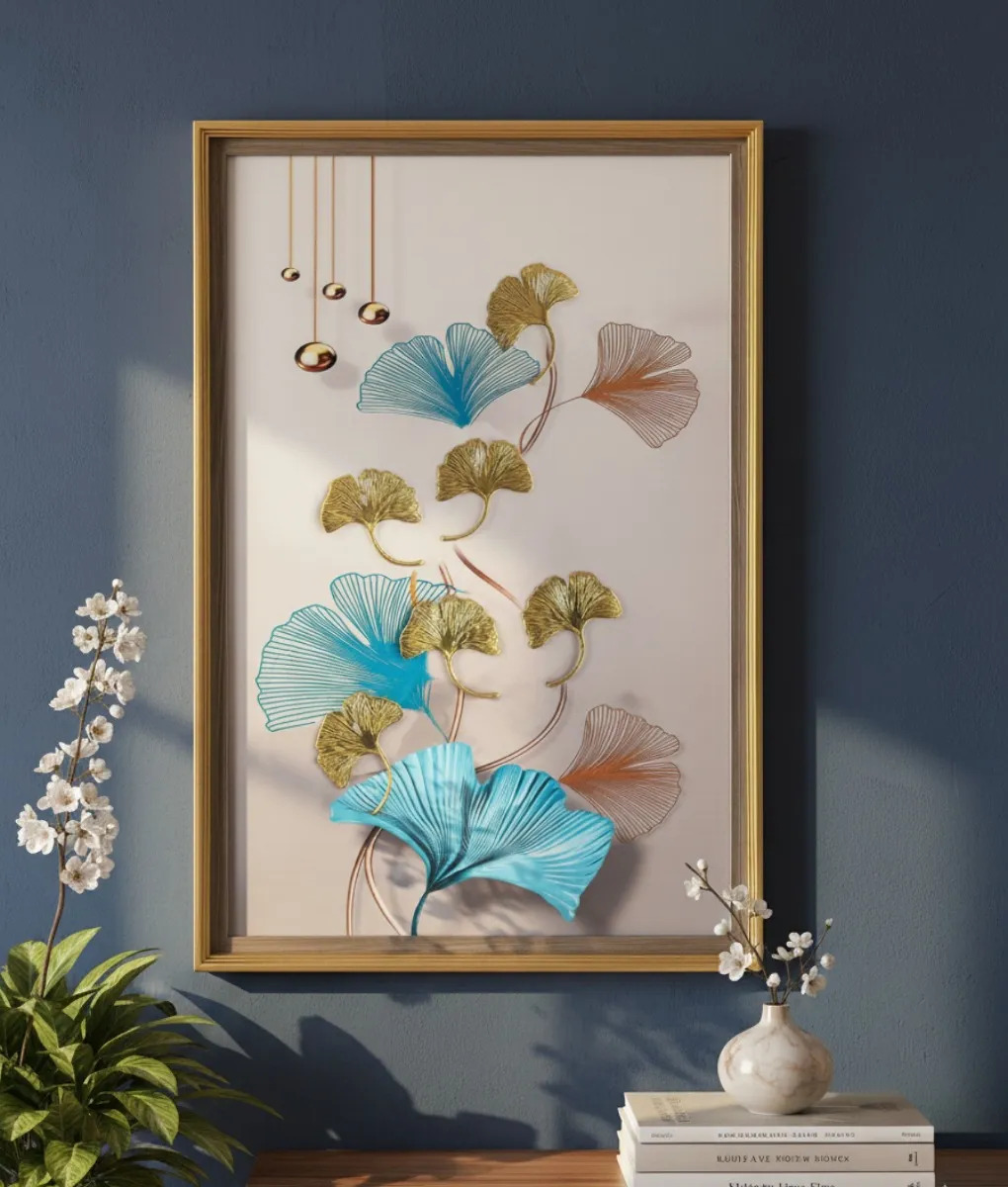 CUADRO DECORATIVO DISEÑO HOJAS GINKGO ADORNO RELIEVE JHN - 9