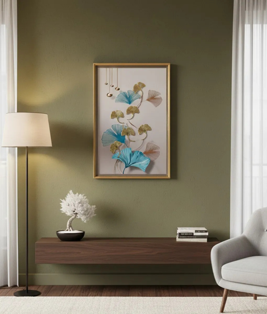 CUADRO DECORATIVO DISEÑO HOJAS GINKGO ADORNO RELIEVE JHN - 10