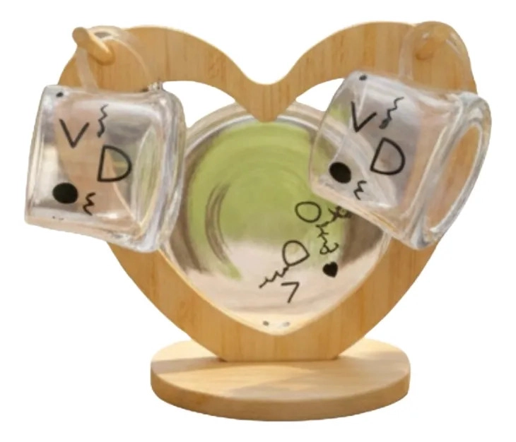 JUEGO VAJILLA TAZAS CAFE  SOPORTE BAMBU DISEÑO CORAZON JHN - 1