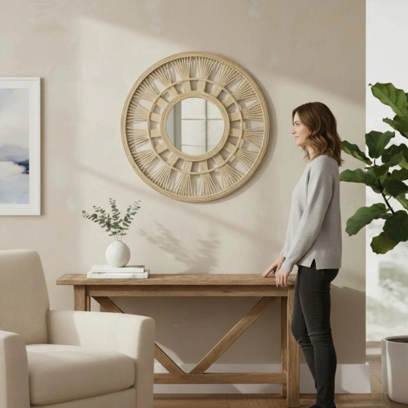 ESPEJO PARED SOL DECORATIVO CIRCULAR ESTILO MIMBRE JHN - 5