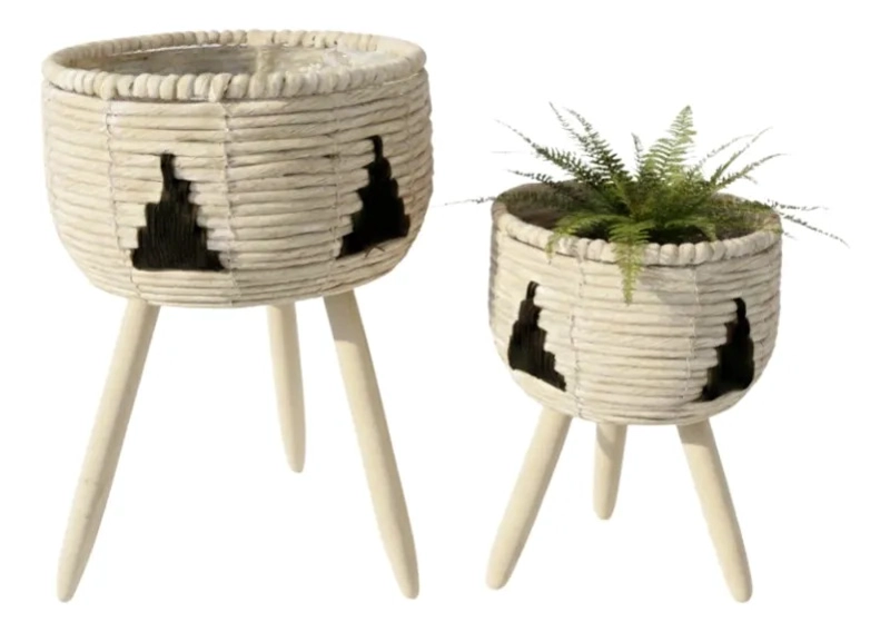 SET 2 MACETEROS ARTESANALES PEDESTAL ESTILO BOHO CHIC AJ - 2
