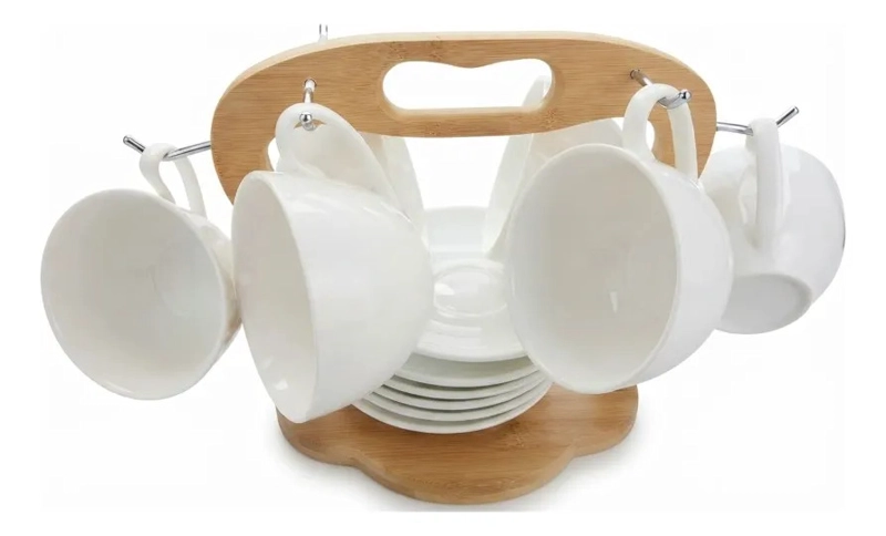 JUEGO 6 TAZAS TE CAFE PORCELANA PLATILLOS SOPORTE BAMBU MV - 1