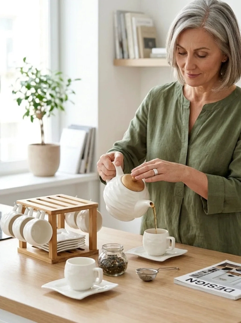 SET TE CERAMICA TEXTURIZADA TETERA 6 TAZAS SOPORTE BAMBU MV - 8