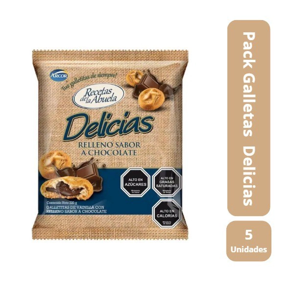 PACK  5 GALLETAS DELICIAS RELLENO SABOR A CHOCOLATE 220 G - 1