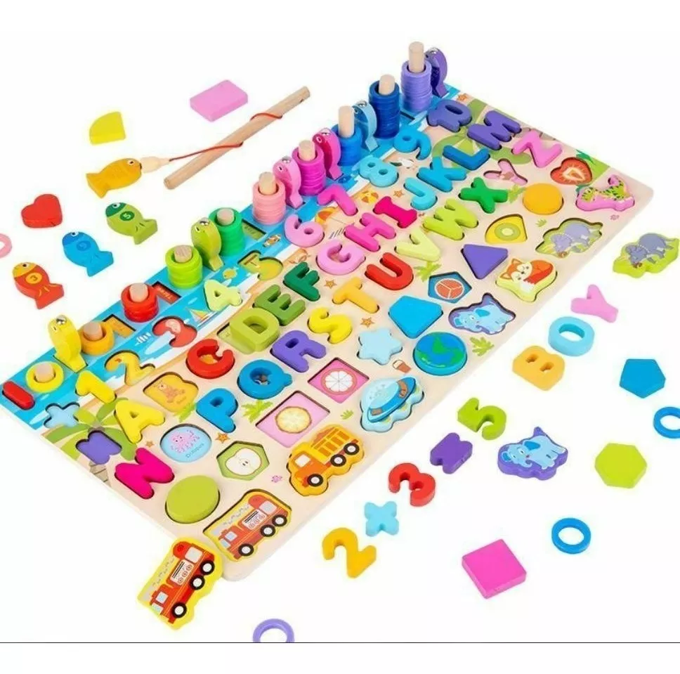 JUEGO MADERA MULTICOLOR 7 EN 1 MONTESSORI PESCA NÚMEROS FORMAS W12D469 - 1