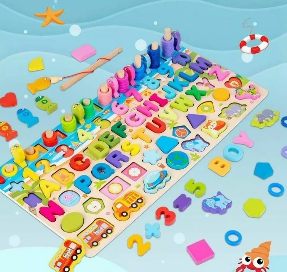 JUEGO MADERA MULTICOLOR 7 EN 1 MONTESSORI PESCA NÚMEROS FORMAS W12D469 - 2