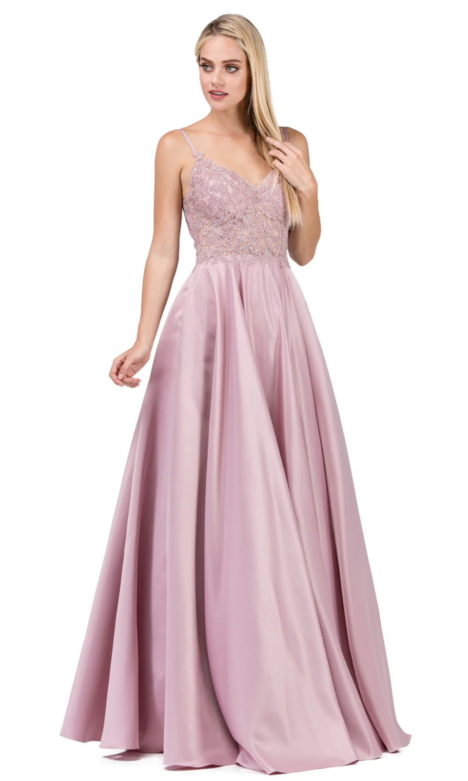 VESTIDO DE FIESTA DE SATÍN LARGO COLOR ROSADO UNIQUE - 1