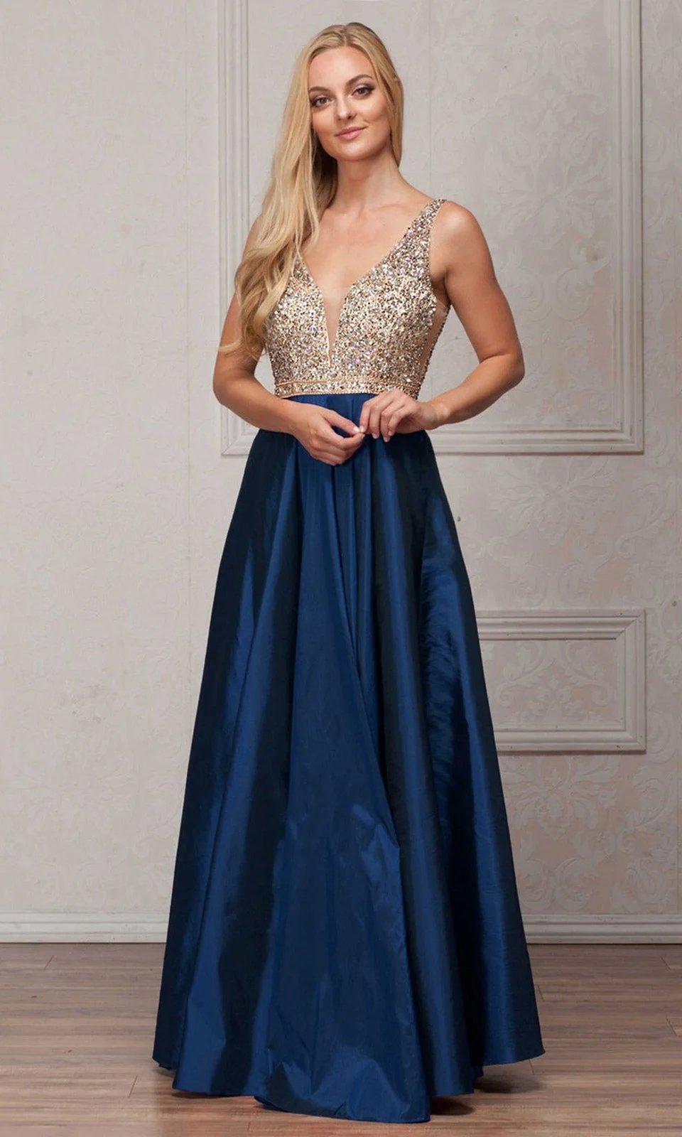 VESTIDO DE FIESTA SATINADO LARGO COLOR AZUL UNIQUE - 1